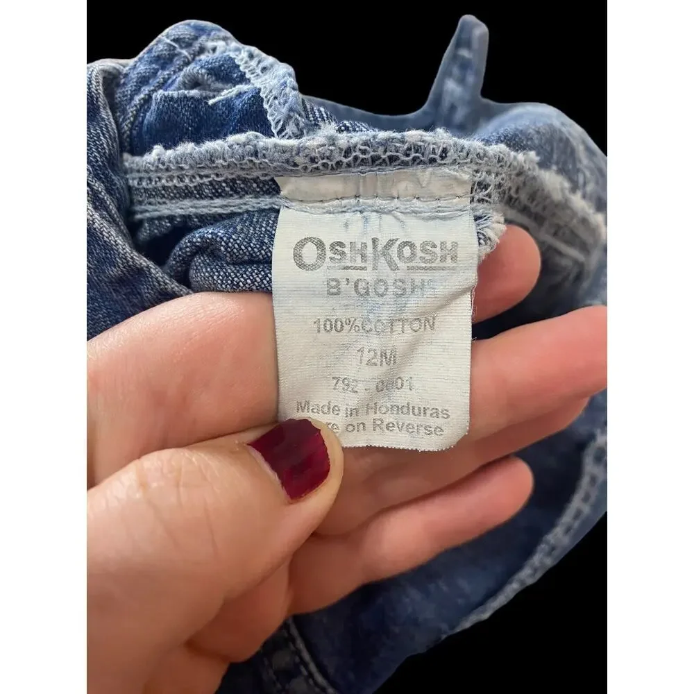 Oshkosh B'Gosh Denim Jean Shortalls Overalls Size 12M Red Gingham Bottom Vintage